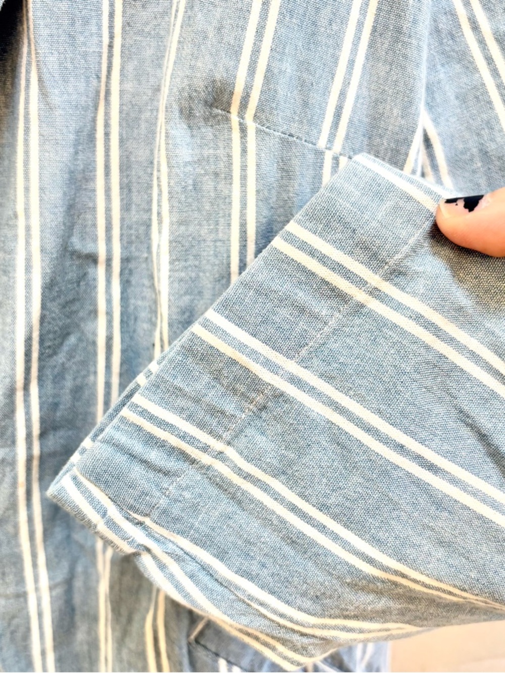 Chico's Blue White Size 1 Medium Striped Blazer Chambray Washable Cotton Stretch - Picture 6 of 12